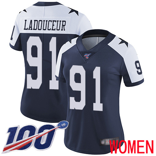 Women Dallas Cowboys Limited Navy Blue L. P. Ladouceur Alternate #91 100th Season Vapor Untouchable Throwback NFL Jersey